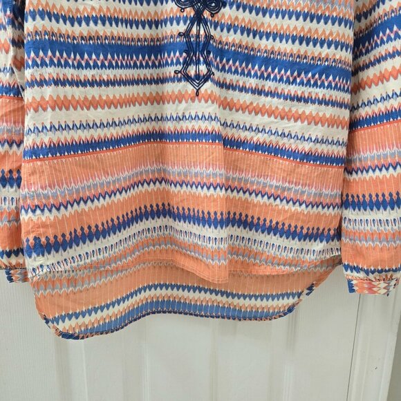 J. Crew Popover Blouse Womens Small Orange Blue Embroidered Chevron Stripes - Picture 8 of 9